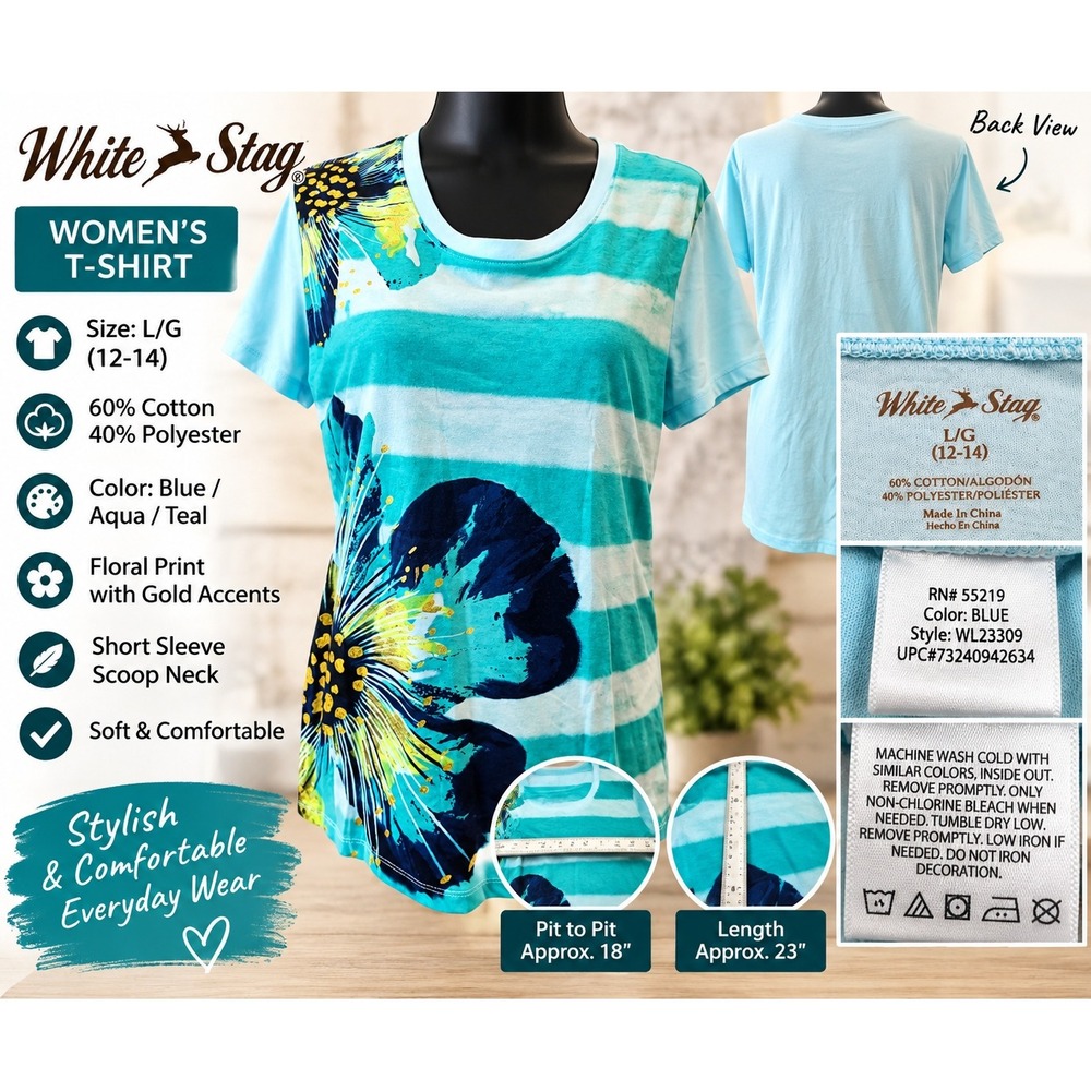 White Stag Womens Blue Floral Striped T-Shirt Gold Accents WL23309 L 12-14